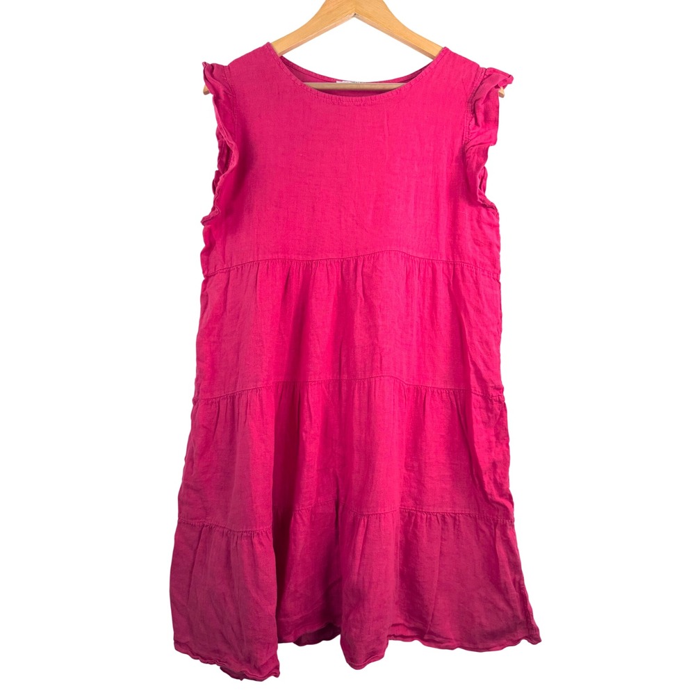 VANESSA ZANI Hot Pink Linen Tiered Ruffle Sleeve Dress Made in Italy‎ Size S